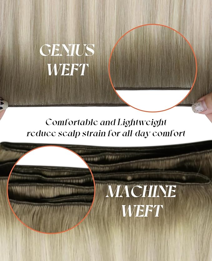 Sunny Hair Genius Weft Human Hair Extensions Ombre Blonde Human Hair Extensions Sew In Hand Tied Genius Weft Extensions Human Hair for Women Ash Blonde Mix Platinum Blonde 16inch 50G