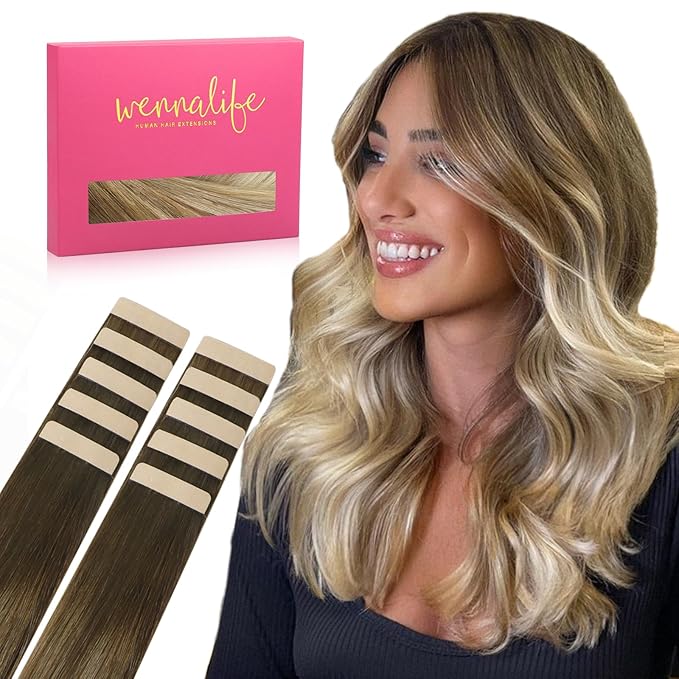 WENNALIFE Tape in Hair Extensions Human Hair Ombre Walnut Brown to Ash Brown and Bleach Blonde Tape in Extensions, 10pcs 30g 20 inch Remy Invisible Tape Ins Straight Real Human Hair Tape in Extensions
