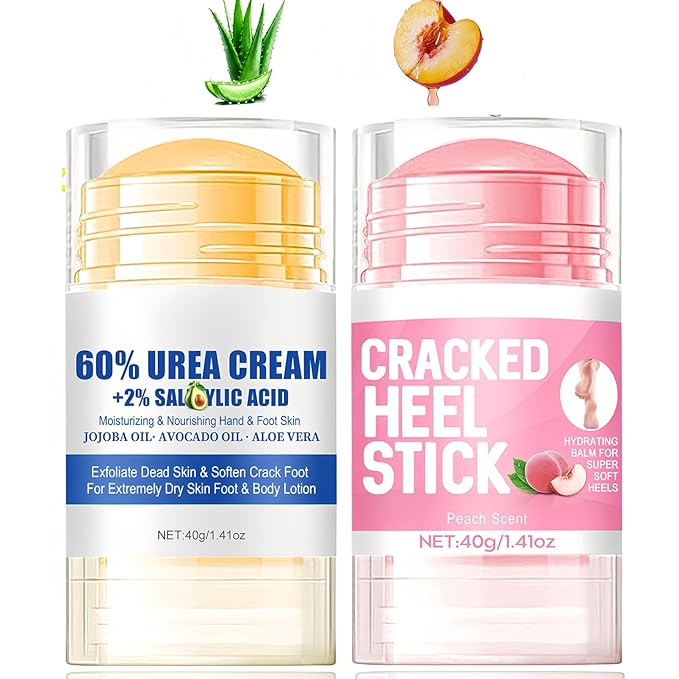 2PCS Foot Cream Set – 60% Urea Foot Cream & Peach Scent Heel Balm Stick – Exfoliating & Moisturizing Foot Care Duo for Dry Cracked Heels & Feet, 1.41oz Each