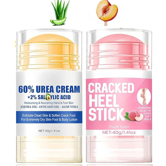 2PCS Foot Cream Set – 60% Urea Foot Cream & Peach Scent Heel Balm Stick – Exfoliating & Moisturizing Foot Care Duo for Dry Cracked Heels & Feet, 1.41oz Each