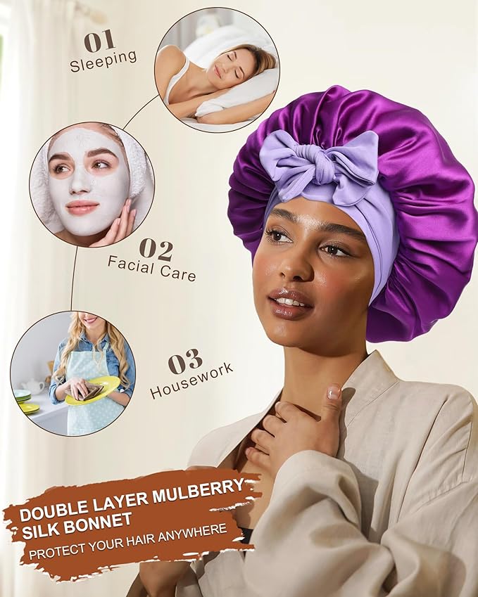 Mulberry Silk Bonnet Sleeping Women Curly Hair Bonnets Tie Band Double Layer Reversible Sleep Bonnet Silk Hair Wrap Sleep Cap