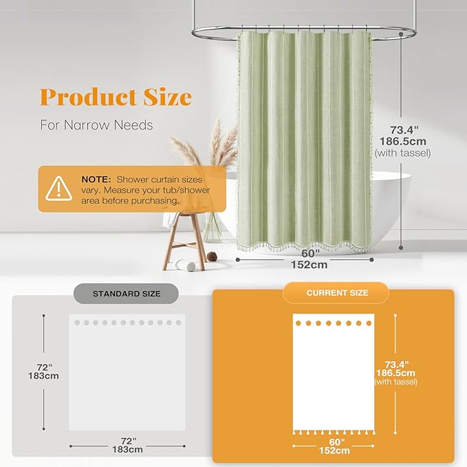 BTTN Boho Farmhouse Shower Curtain - Linen Rustic Heavy Duty Striped Fabric Shower Curtain Set, Bohemian Vintage Country Cloth Shower Curtains for Bathroom, Sage Green, 60" W x 72" L (Pack of 1)