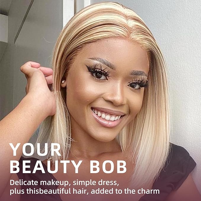 P12/613 Bob Wig Human Hair 13x4 Ready to Go Highlight 12A P12/613 Lace Front Wigs Human Hair 210% Density HD Lace Front Wig Pre Plucked (12inch, 13X4 Bob Wig)