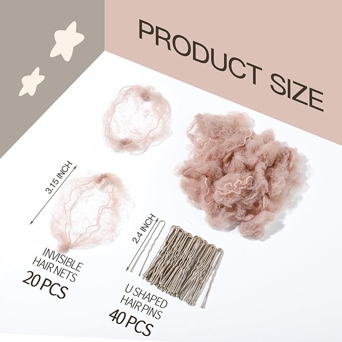 FANDAMEI Hair Net for Kids, Invisible Hair Nets 20PCS 30cm with 40PCS U Shaped Hair Pins, Hair Nets for Buns, Bun Hair Nets for Ballet Girls Hair Accessories Set for Women, Girls-Tan Brown