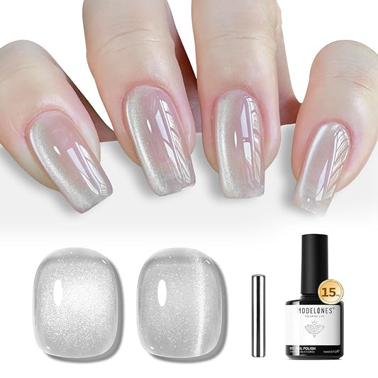 modelones Silver Cat Eye Gel Nail Polish Glitter White Cat Eye Gel Polish Clear 9D Holographic High Density Crystal Nail Polish with Magnet Soak Off U V Shimmer Polish Christmas Nail 15ML
