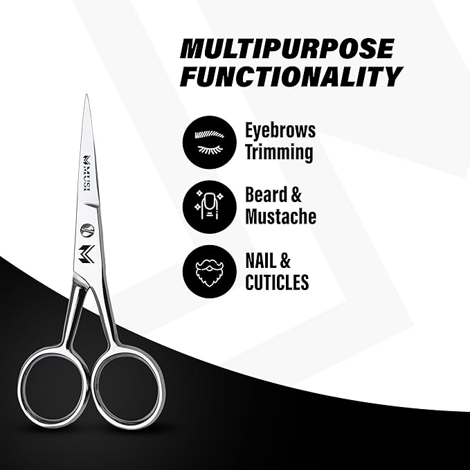 MUSI 4 Inch Eyebrow Scissors - Muti-purpose Small Scissors for Mustache, Beard, Nose Hair, Nail, Ear & Eyelash Trimming - Professional Stainless Steel Mini Grooming Scissors for Men Women with Comb