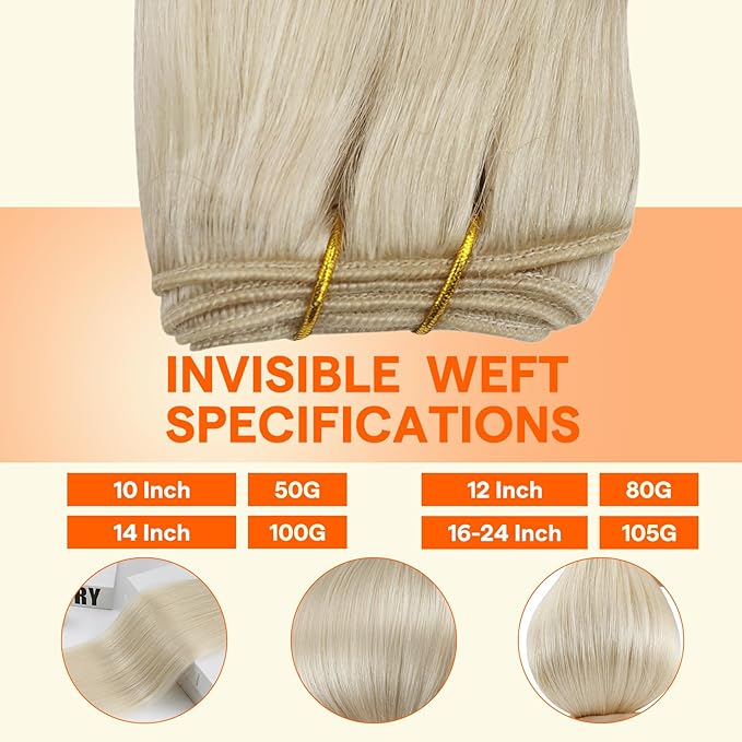 Full Shine Weft Hair Extensions Human Hair Sew In Extensions Remy Straight Hair Color Platinum Blonde Extensions Remy Hair Sew In Real Hair For Women 16 Inch 105G