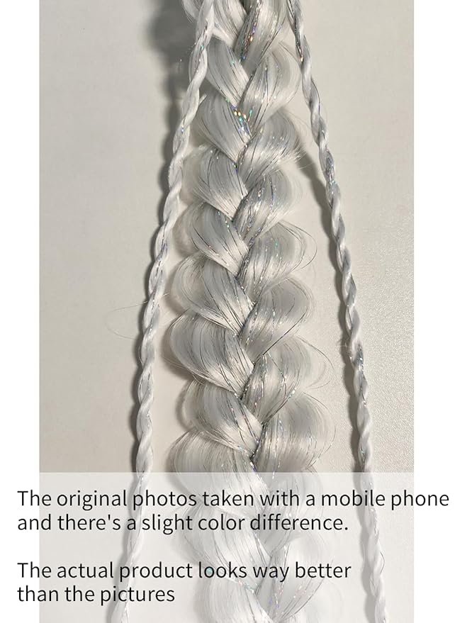 White Hair Extensions for Braids Ponytail Extension 2 Packs, 20 inch Crazy Hair Day Accessories for Women, DIY Festival Wacky Rave Braids,Tinsel Mixed