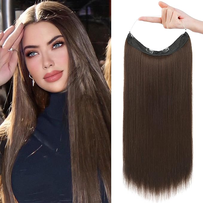 REECHO Invisible Wire Hair Extensions with Transparent Headband Adjustable Size Removable Secure Clips in Straight Secret Hairpiece for Women (14 Inch (Pack of 1), Dark Chocolate Brown)