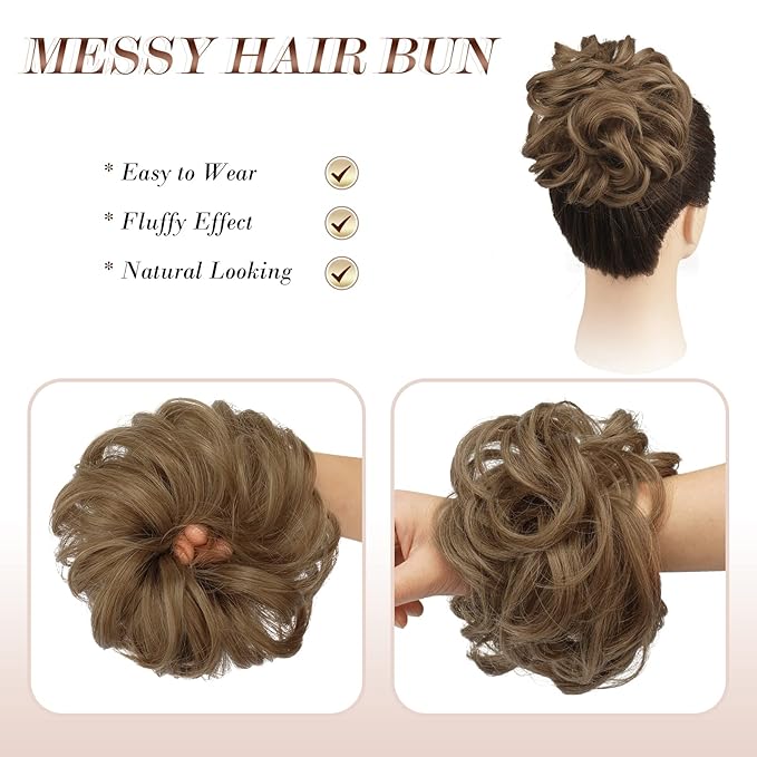 FESHFEN Messy Bun Hair Piece - Elastic Wavy Curly Hair Bun Scrunchies Extensions Synthetic Chignon Hairpieces for Women Girls, Light Brown mix Natural Blonde 1.5 oz