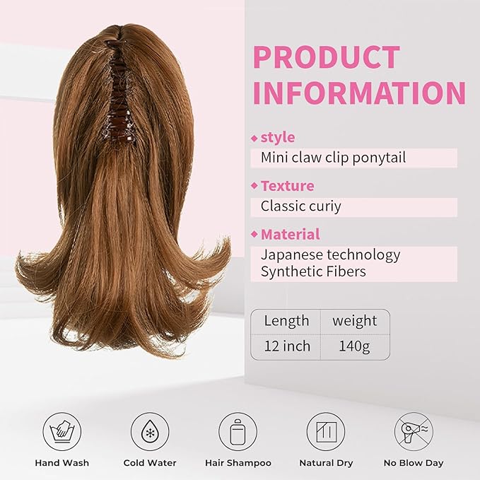 Ponytail Hair Extensions, 12 Inch Claw Clip Ponytail Hair Extensions for Women, Chin Clip Wigs, Soft Synthetic Wigs-Medium Auburn