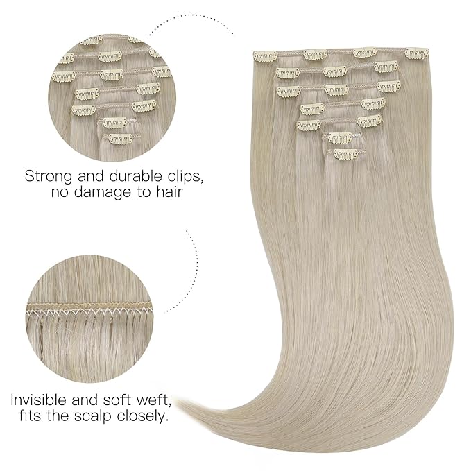 HOTBANANA Human Hair Clip in Hair Extensions, Grey 120g Clip in Hair Extensions Real Human Hair Straight Remy Hair Clip in Hair Extensions 18 Inch 7pcs
