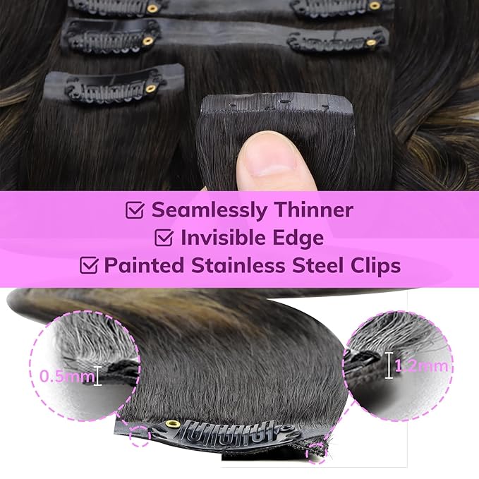 IDN BEAUTY Seamless Clip In Hair Extensions Human Hair, Body Wave 24 Inch 110g 7pcs, 1B/6/1B Balayage Natural Black to Chestnut Brown Remy Hair Seamless Clip Ins For Black Women PU Invisible Edge