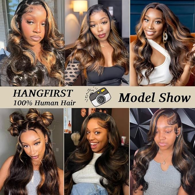 13x6 Ombre Lace Front Wig Human Hair 1B/30 Highlight 180% Density Body Wave Brazilian Virgin Human Hair Wigs for Women Pre Plucked with Baby Hair 20Inch