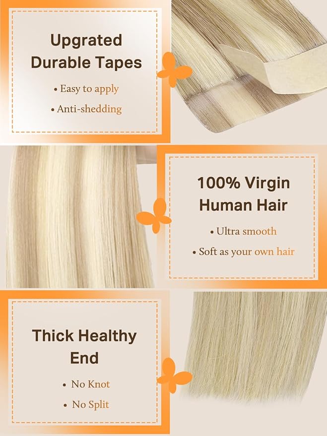 DOORES Tape in Hair Extensions Real Human Hair, Dark Blonde Highlighted Bleach Blonde 12 Inch 80g 40pcs, Hair Extensions Natural Remy Hair Straight Hair for Women