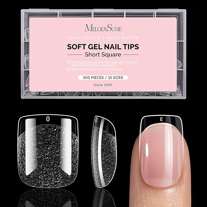 MelodySusie Short Square X Nail Tips - 300Pcs 15Sizes Clear Acrylic, Half Matte Full Cover Press on Nails for DIY Extension & Salon Use, Pre-Shaped for Long-Lasting Manicure