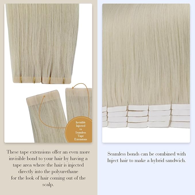 Full Shine Injected Tape Hair Extensions 5Pcs Color 1000 Blonde Virgin Intact Tape in Hair Extensions Seamless Skin Weft Tape ins Extensions 16 Inch Human Hair Extension 10Gram Straight Hair