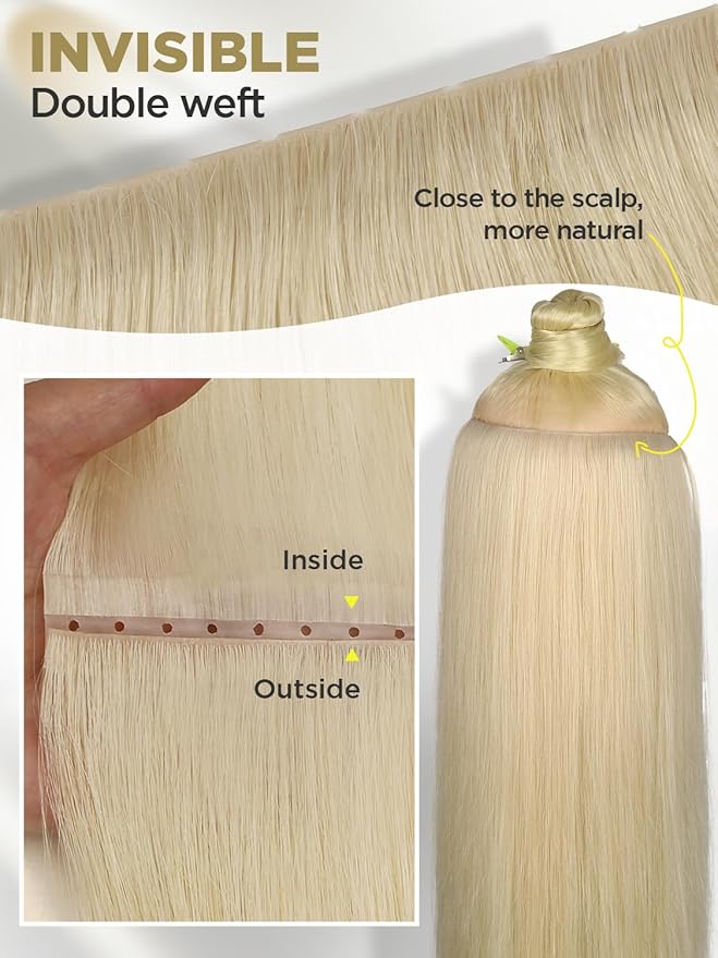 Twin Tab Butterfly Genius Weft Human Hair Extensions Latest Double Invisible Real 100% Remy Human Hair Weft with Micro Bead Simulated Scalp Hair Extensions 100g 7ps 18 Inch White Blonde