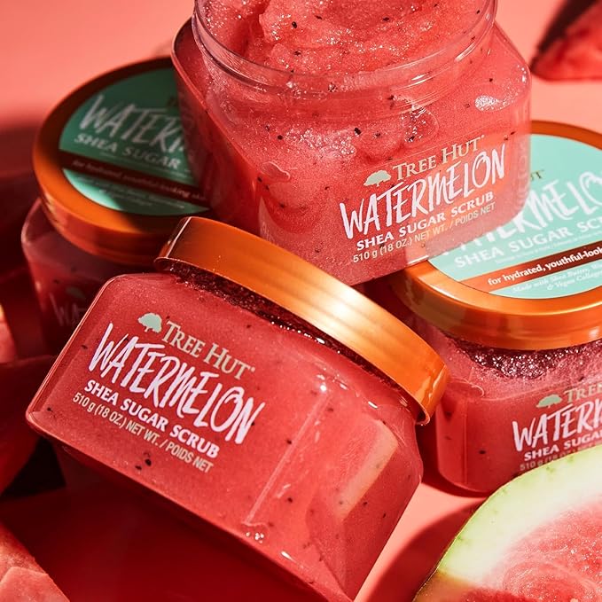 Tree Hut Watermelon Shea Sugar Scrub, Exfoliating, Hydrating & Moisturizing Body Scrub with Shea Butter & Nourishing Essential Oils, Smooth & Soften Skin, 18 oz