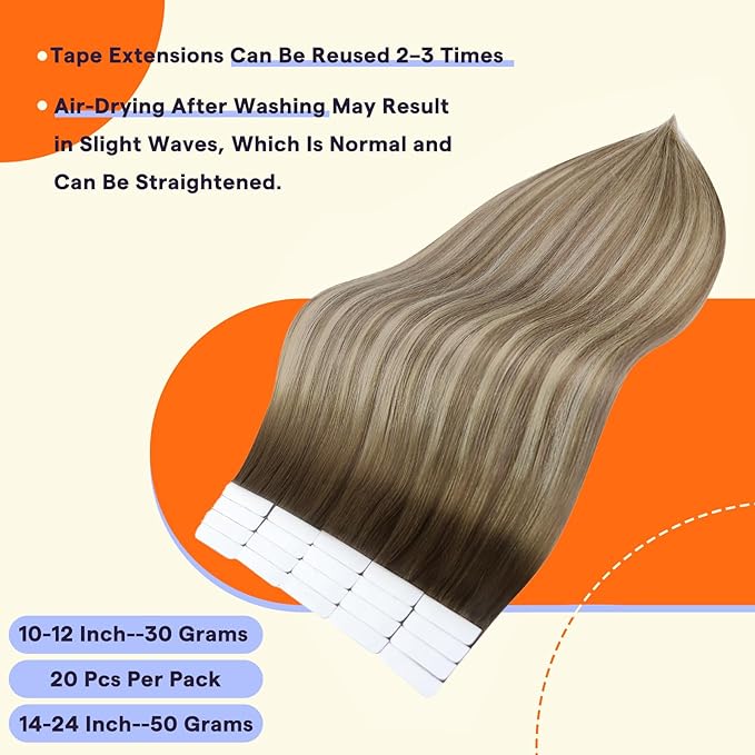 Full Shine Tape in Extensions Human Hair 12 Inch Balayage Color 3/8/22 Dark Brown Fading to Brown and Blonde Invisible Seamless Skin Weft Remy Hair Extensions Real Human Hair Tape in 20PCS 30 Grams