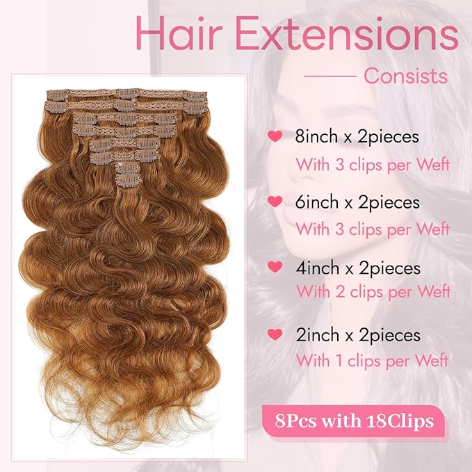 Clip in Hair Extensions Real Human Hair Body Wave 6 Chestnut Brown Clip in 100% Brazilian Remy Human Hair Extensions 8pcs Per Set with 18 Clips Double Weft 22 Inch 110g/3.6oz