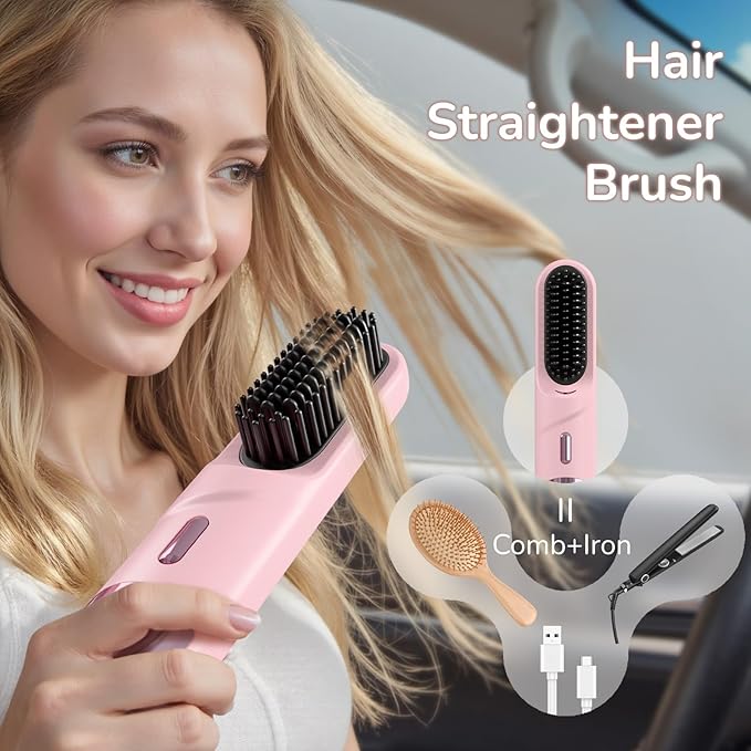 Go Brush Pro 2025 Hair Straightener Brush 300 Million Negative Ionic Portable Cordless Hair Straightener for Women with 4 Temps Fast Heating MCH Ceramic Coating Smooth Frizz - Free Hair Gift for Women