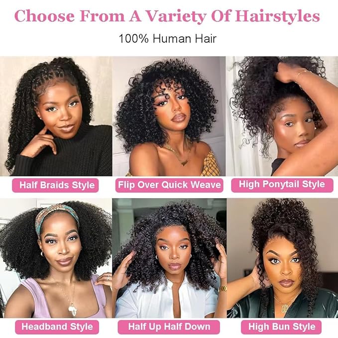 22 Inch Kinky Curly Half Wig Human Hair Glueless Wear And Go 200 Density Upgrade 3 In 1 Seamless Flip Over Half Wigs Drawstring Curly Half Wigs For Women Headband Wig Beginner Friendly No Glue No Lace