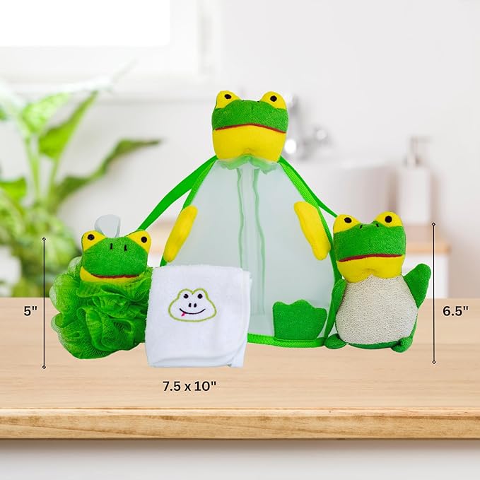 Cute Bathing Travel Kit with Mesh Sponge, Facial Towel and Double Strap Bag- Cartoon Shaped Shower Poufs, Colorful Mesh Body Scrubbers for Boys and Girls, Unique Birthday Gifts, 2 Pack