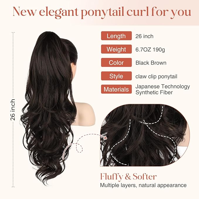Flufymooz 26" Ponytail Extension, Long Wavy Curly Claw Clip in Ponytail Hair Extensions, Natural Synthetic Hairpiece for Women Daily Wear(Black Brown)
