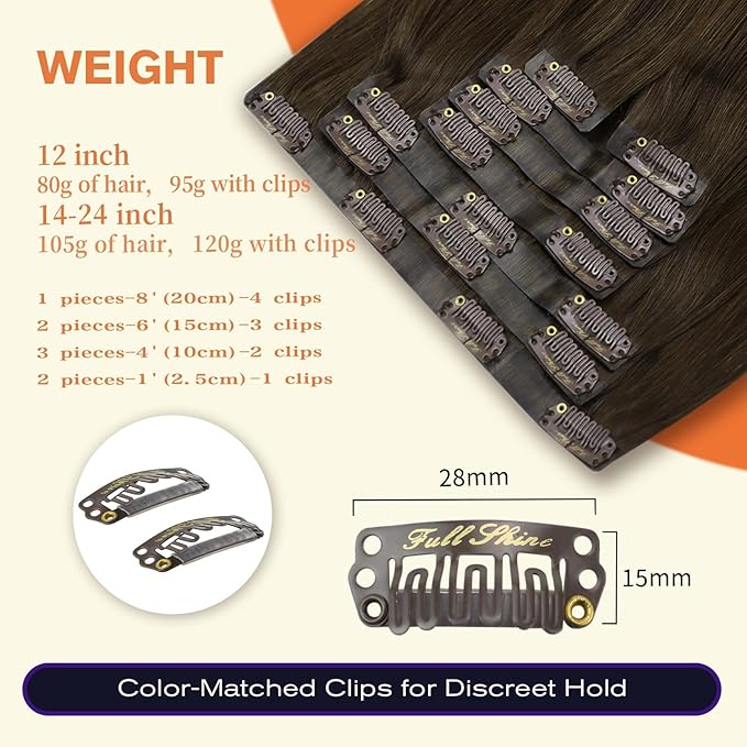Full Shine Human Hair Clip in Extensions Dark Brown 24 Inch Seamless Clip in Hair Extension Real Human Hair Straight PU Invisible Hair Extensions Human Hair Full Head 8 Pcs 120 Grams