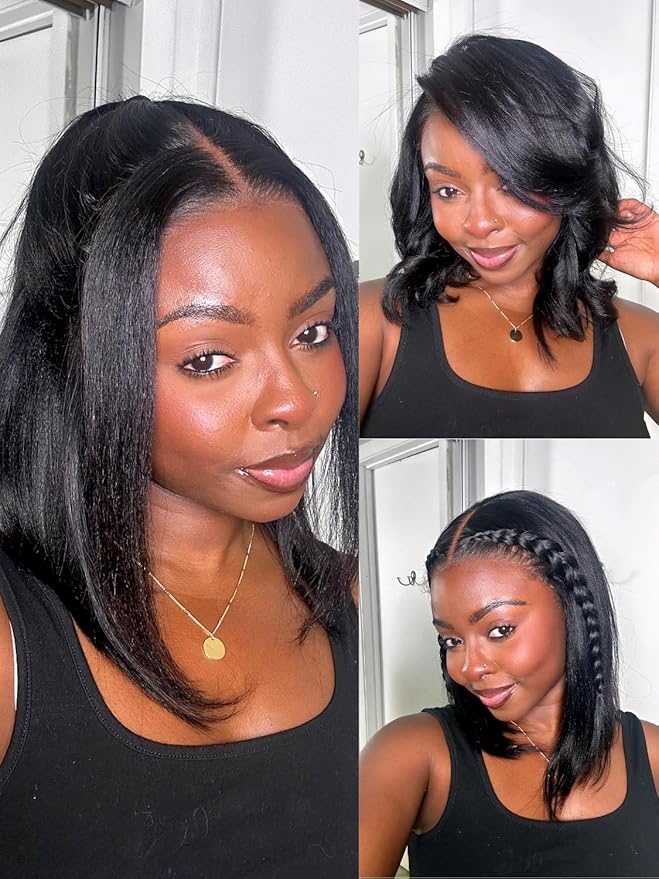 Nadula Bye Bye Knots Yaki Straight Bob Glueless Wig Pre Cut/Plucked/Bleached 7x5 Lace Front Wigs Human Hair Invisible Knots Pre Everything 3S Ready to Go Short Yaki Bob Wigs 150% Density 10inch