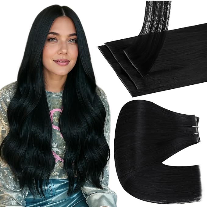 Full Shine Injection Seamless Clip in Hair Extensions Jet Black Real Hair Clip in Extensions Black Invisi Edge Hair Extension Full Head 16 Inch 120 Grams 6 PCS