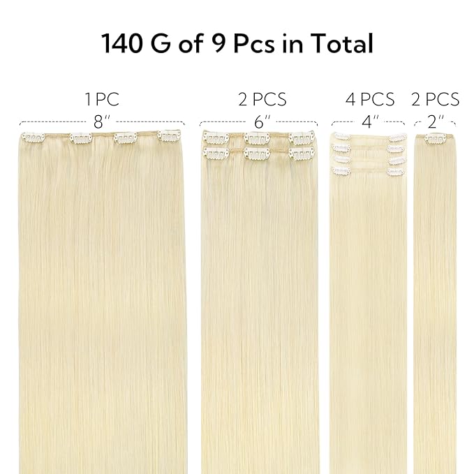 HOTBANANA Clip in Hair Extensions Real Human Hair, 130g 7pcs 18 inch Platinum Blonde Clip in Human Hair Extensions Straight Remy Hair Extensions Full Head