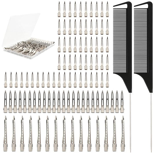 100pcs of three sizes of anti-rust metal alligator clips, Hair Styling, DIY accessories, And item fixation. Two distribution combs for braids, Coloring and styling