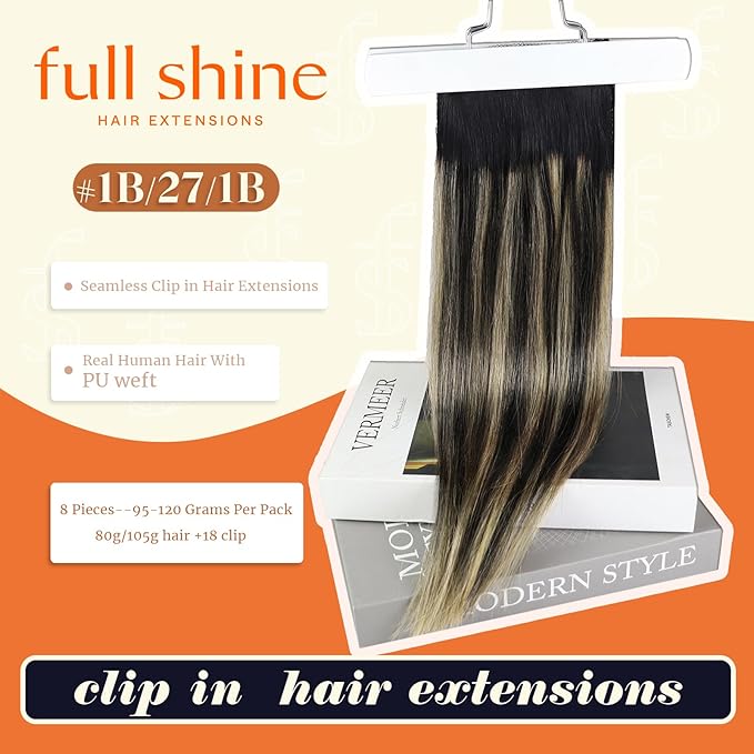 Full Shine Real Hair Clip in Extensions Balayage Seamless Clip ins Off Black to Black With Caramel Blonde Invisible Hair Extension Black Remy Natural Hair Longevity 120 Grams 18 Inch 8 Pcs