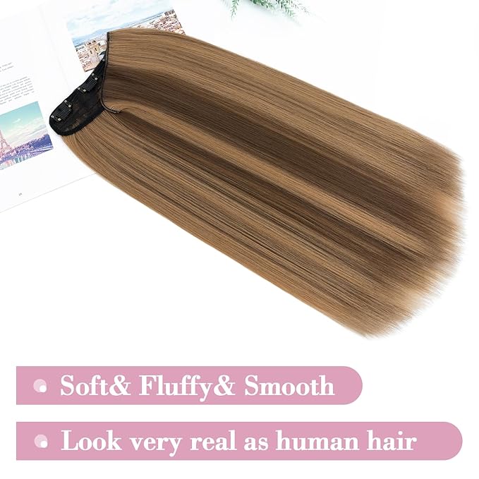 S-noilite One Piece Clip in Hair Extensions Balayage 18 Inch U-Shaped One Piece Weft Hair Extensions with 5 Clips Synthetic 3/4 Full Head Long Straight Clip in Hairpieces for Women,#10P26/27A