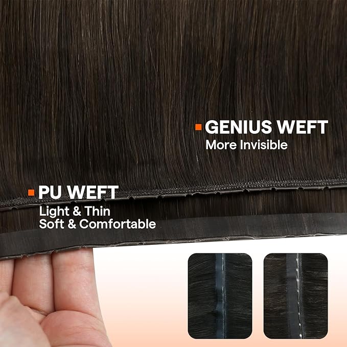 Full Shine Butterfly Weft Hair Extensions Human Hair Color Dark Brown To Light Brown Genius Weft Human Hair Extensions 24 Inch Double Size Hole Weft Extensions For Women 100 Grams