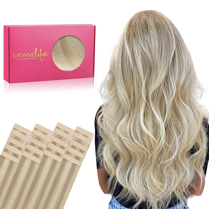 WENNALIFE Tape in Hair Extensions Human Hair, 20pcs 24 inch 50g Ash Blonde and Platinum Blonde Remy Tape Hair Extensions Real Human