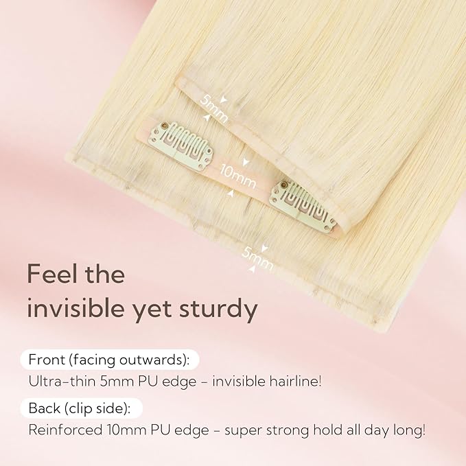 HOTBANANA Seamless Clip in Hair Extensions, 16 Inch 110g 7pcs Platinum Blonde Invisible PU Skin Weft Straight Remy Human Hair Extensions
