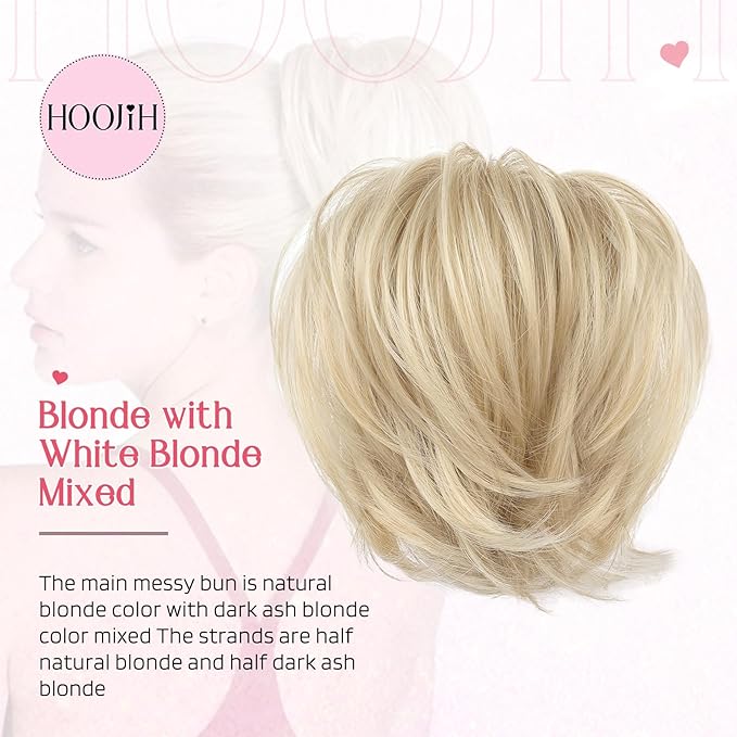 HOOJIH Ponytail Extension, Claw Clip in Straight Hair Bun Messy Bun 9 Inch Short Ponytail Extension with Bendable Metal Wire Hair Pieces for Women Fake Hair Bun - Blonde with White Highlights
