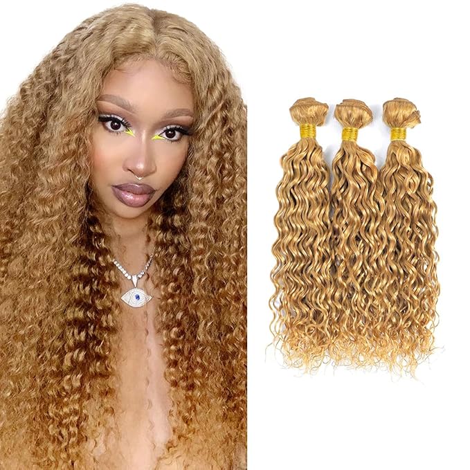 16 18 20 Inch Blonde Bundles Human Hair #27 Honey Blonde Water Wave 3 Bundle Unprocessed Brazilian virgin hair Weave Extensions Double Weft 50 Grams/Bundle Colored Blonde Bundles for Woman