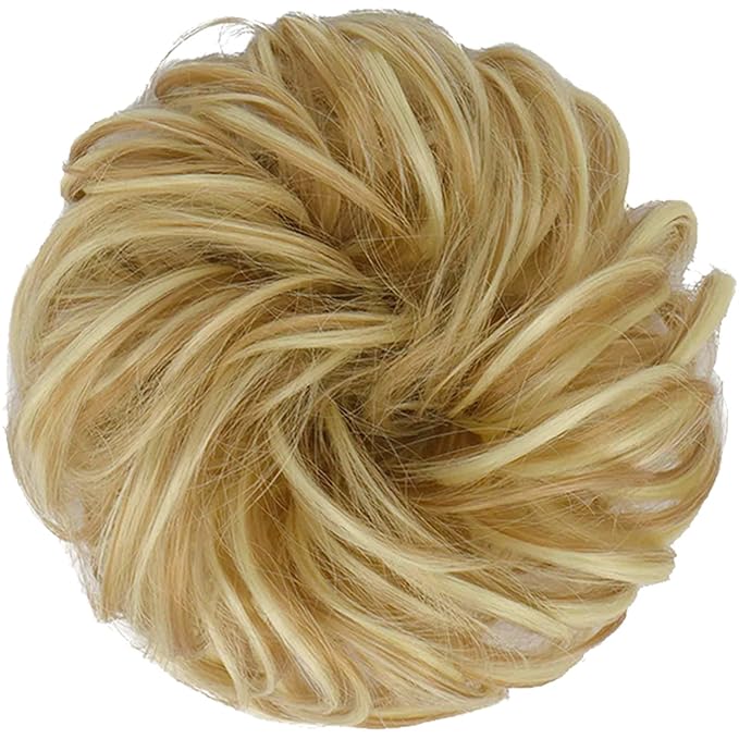 FESHFEN Messy Bun Hair Piece - Elastic Wavy Curly Hair Bun Scrunchies Extensions Synthetic Chignon Hairpieces for Women Girls, Light Ash Brown & Bleach Blonde 1.5 oz