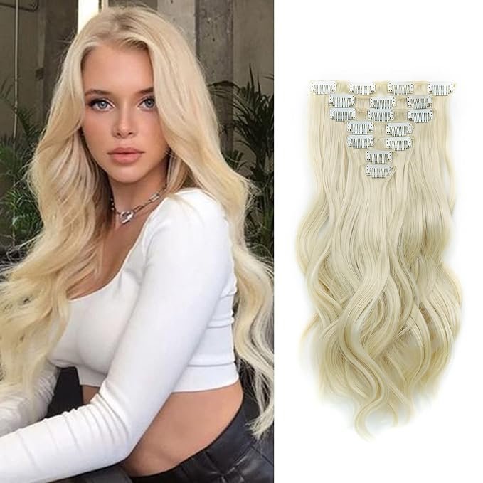 Clip In Hair Extensions Long Wavy 7 PCS Invisible Clip Thick Hairpieces Black Hair Piece Soft Full Head Synthetic Fiber for Women, 16 Inches (613#)