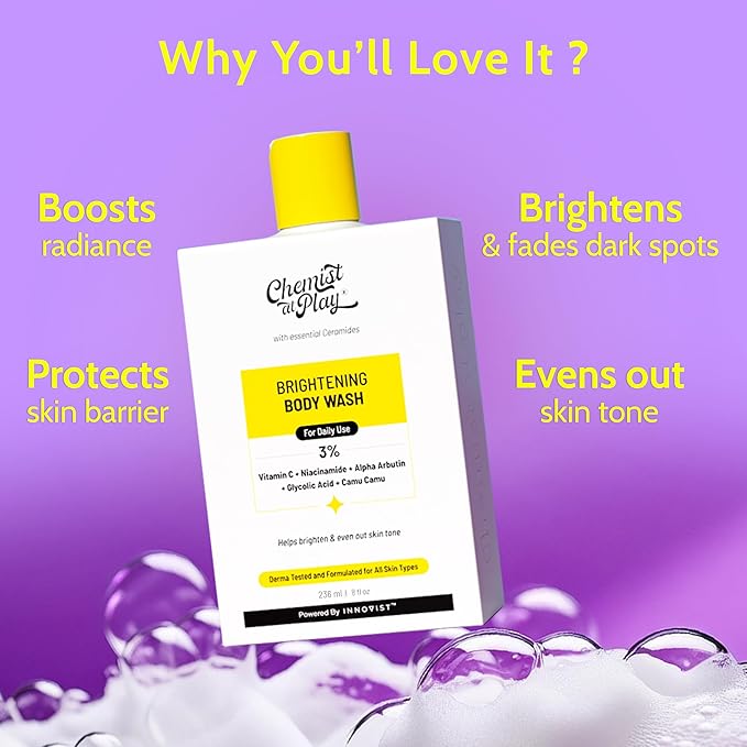 Chemist at Play Brightening Body Wash|Glowing Skin Vitamin C Bodywash | Helps to Reduce Fades Dark Spots, Evens out Skin Tone | Alpha Arbutin| 30X Vitamin C with Camu Camu |For Women & Men | 8 Fl oz