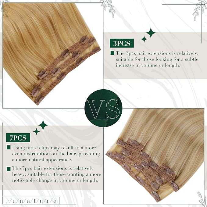 RUNATURE Blonde Clip in Hair Extensions, Human Hair Extensions Clip Ins, Remy Real Hair, Add Hair Length, Full Ends Clip in Extensions, Well Blended, 16 Inch 50g 3pcs #16P24 Golden Blonde Highlight