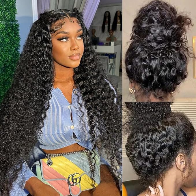 360 Lace Front Wigs Human Hair 220% Density 360 Deep Wave HD Wigs Pre Plucked With Baby Hair 360 Brazilian Virgin Water Wave Curly Full Lace Wig for Women 20 Inch Natural Color