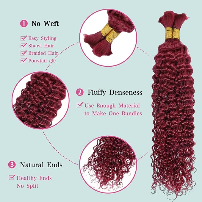 18 Inch Human Braiding Hair 100g Deep Wave Bulk Human Hair for Braiding Brazilian Virgin Human Hair Bundles Wet and Wavy Bundles No Weft Curly Human Hair Extensions for Boho Braids 99j