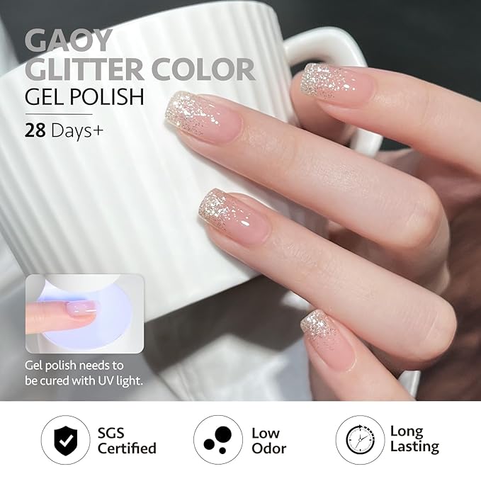 GAOY Glitter Gel Nail Polish Set, 6 Colors Silver Gold Champagne Sparkly, Soak Off UV Cure Gel for DIY Manicure at Home