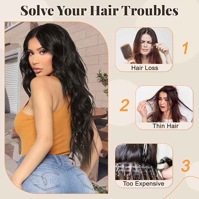 ALXNAN Clip in Long Wavy Synthetic Hair Extension 24 Inch Black Brown 4PCS Thick Hairpieces Fiber Double Weft Hair for Women