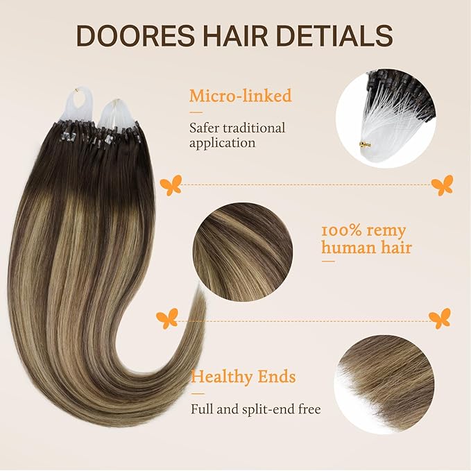 DOORES Micro Loop Hair Extensions Real Human Hair, Chocolate Brown to Honey Blonde 20 Inch 50g/50s, Micro Loop Hair Extensions Real Human Hair Straight Hair